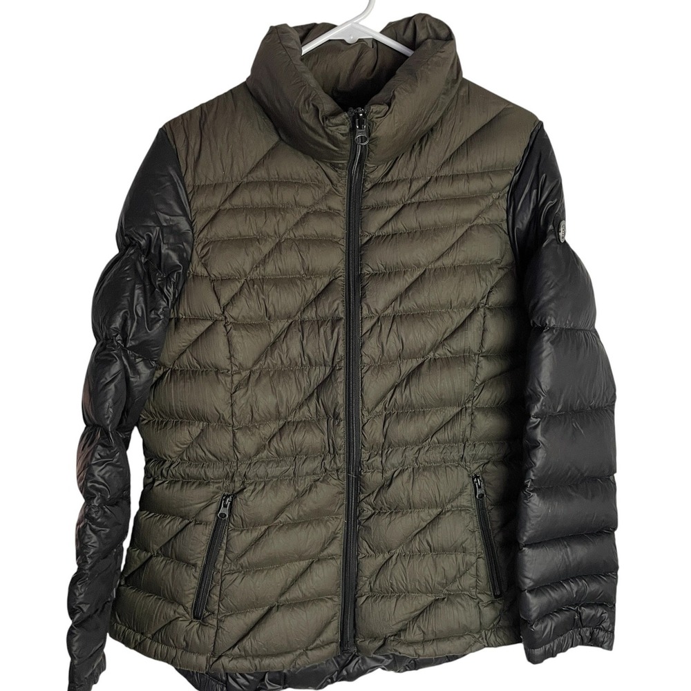 Bernardo Womens Down Puffer Jacket Size L Green Black Nylon Crinkle Quilted